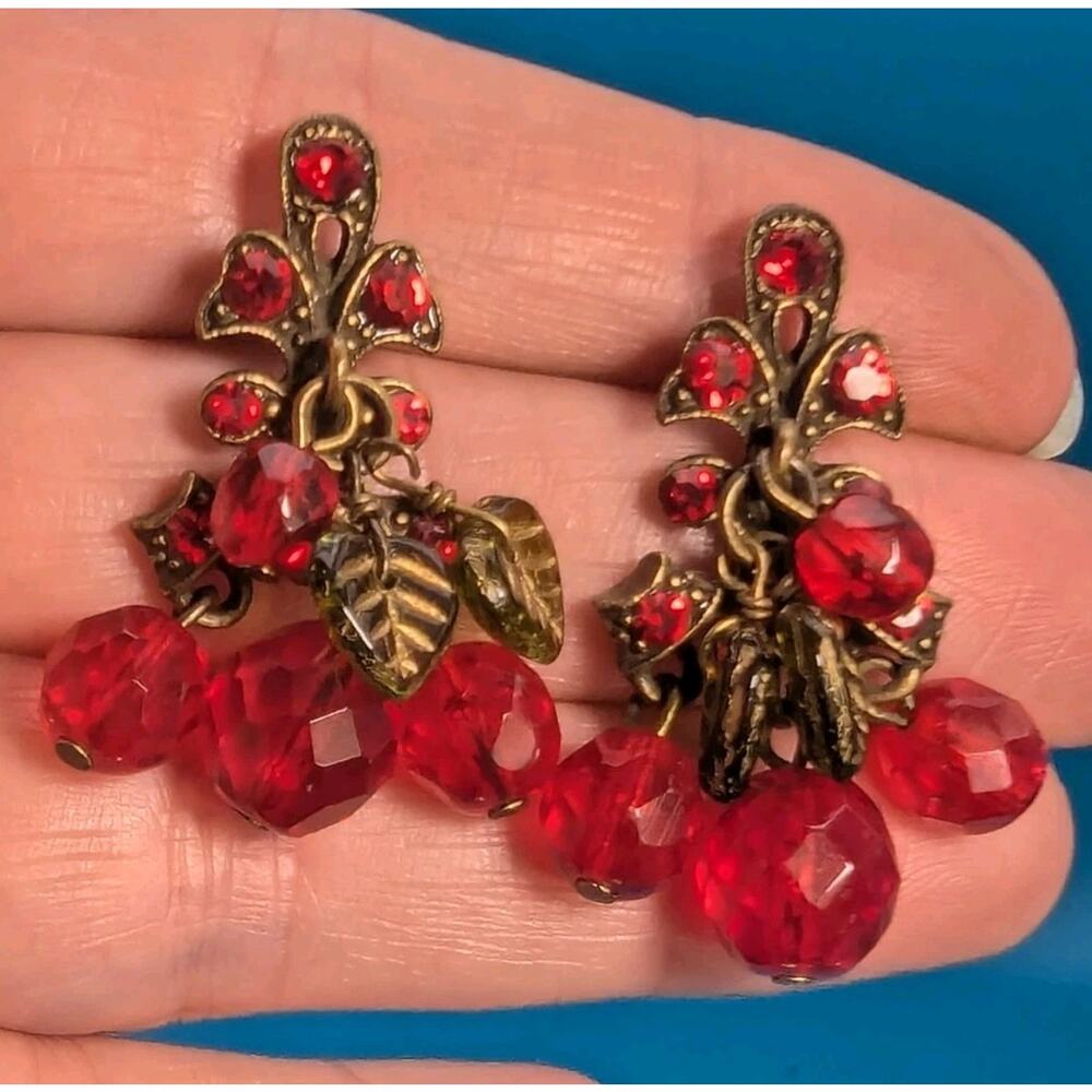 Jubilee Sweet Romance Red Cherry Green Leaf Crystal Dangle/Drop earrings